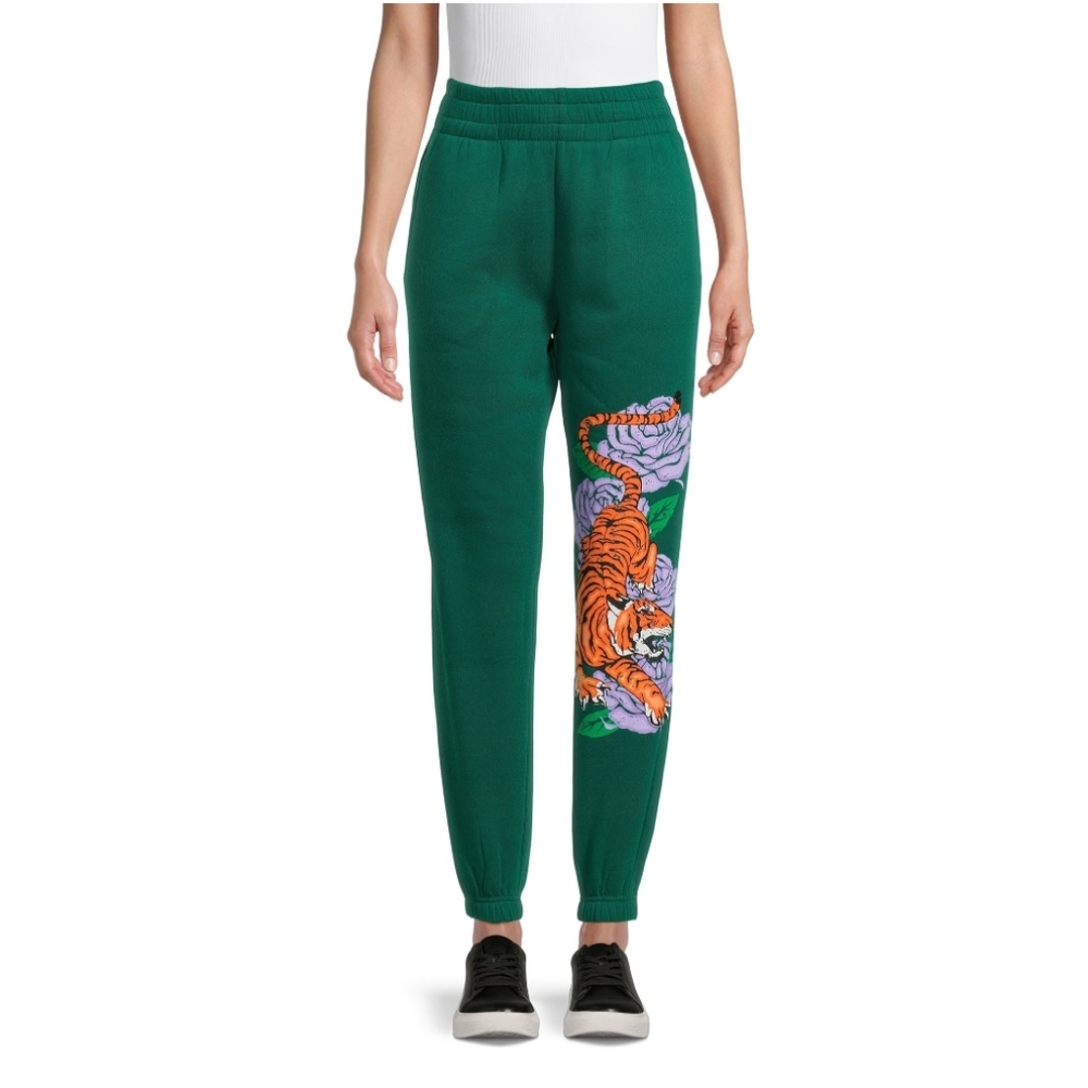No Boundaries Juniors Size XXL (19) Fleece Graphic Tiger Joggers Green